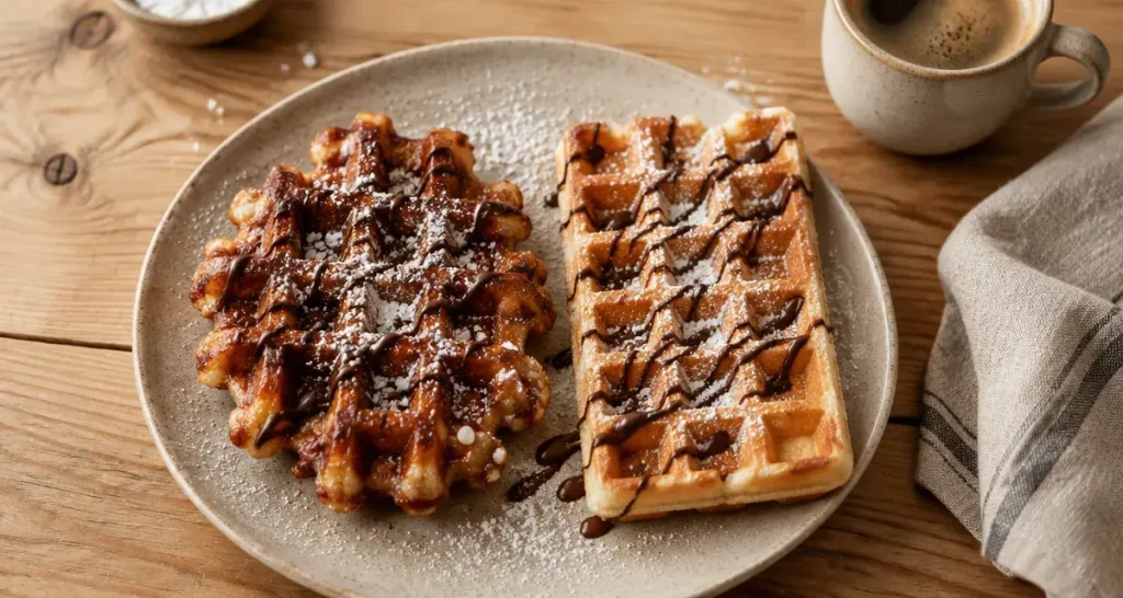 Bruxelles gaufres : deux gaufres belges sur table bois, sucre glace et chocolat