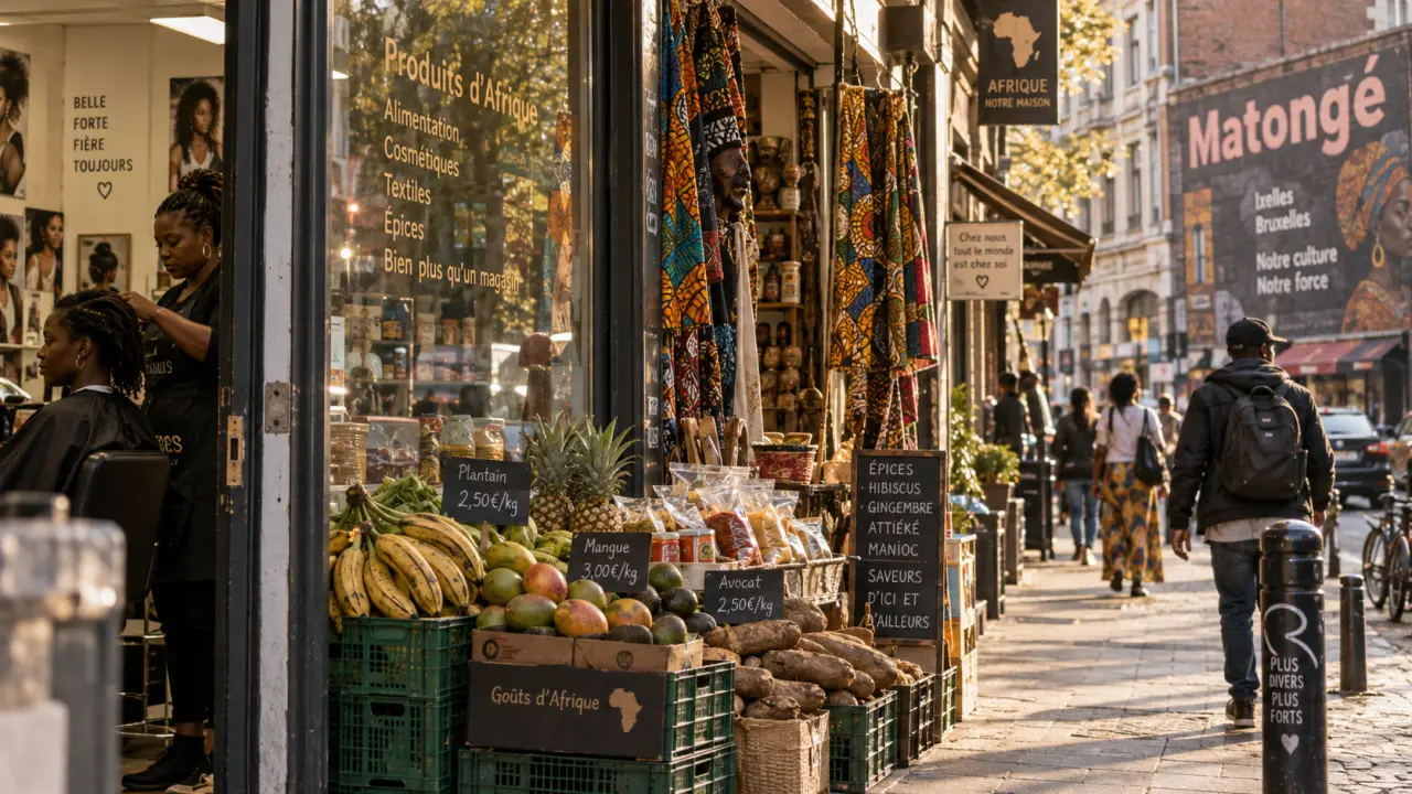 Bruxelles quartier africain Matongé : vitrines épices et wax