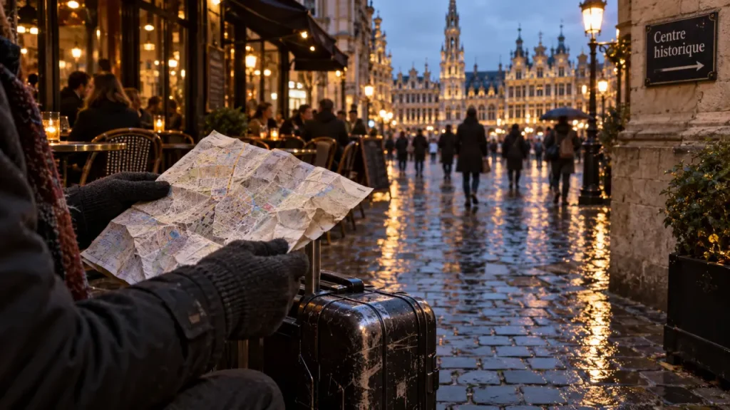 Dans quel quartier loger à Bruxelles : trottoir pavé près d’un café, près de la Grand-Place