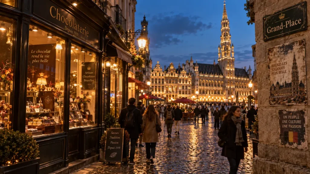 Plus beau quartier de Bruxelles, vue Grand-Place et Hôtel de Ville au golden hour
