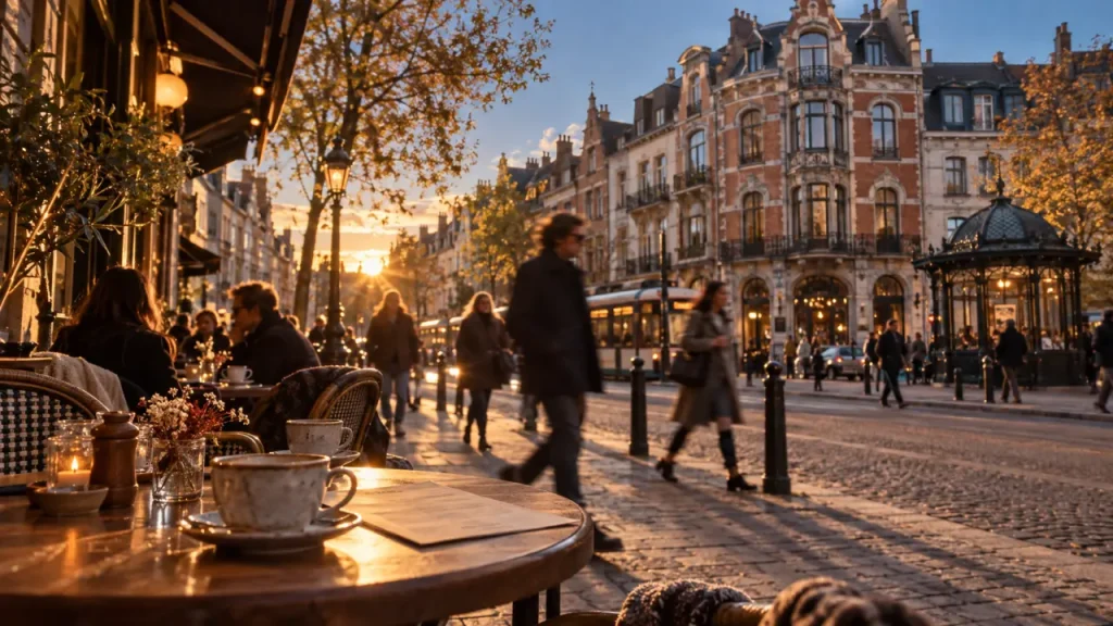 Quartier bailli bruxelles, Place du Châtelain au coucher du soleil avec art nouveau et tram