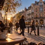 Quartier bailli bruxelles, Place du Châtelain au coucher du soleil avec art nouveau et tram