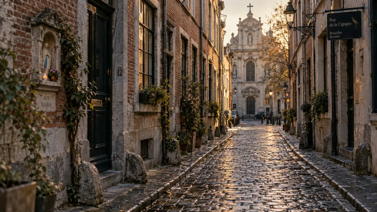 Quartier beguinage bruxelles : rue pavée vers l’église Saint-Jean-Baptiste-au-Béguinage