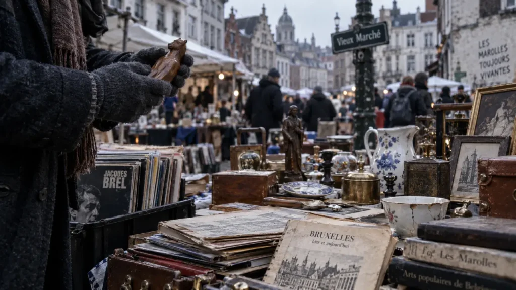 Quartier brocante bruxelles aux Marolles : table de brocante et façades anciennes