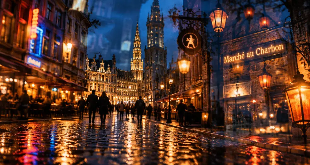 Quartier gay bruxelles : rue historique au crépuscule avec reflets néon