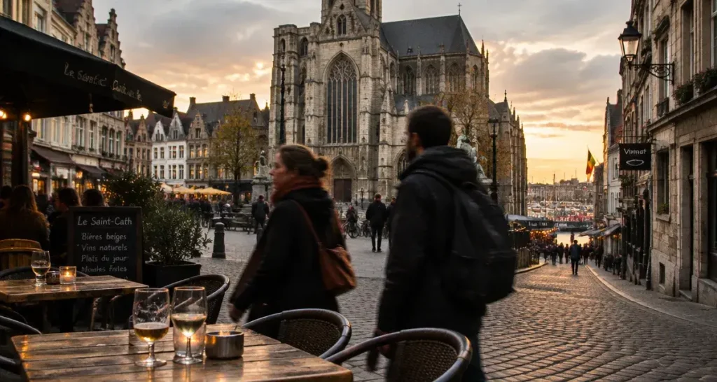 Quartier sainte catherine bruxelles, place Sainte-Catherine et terrasse de café, église Sainte-Catherine